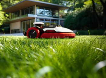 Ein Mähroboter auf einem grünen Rasen, im Hintergrund ein Haus.